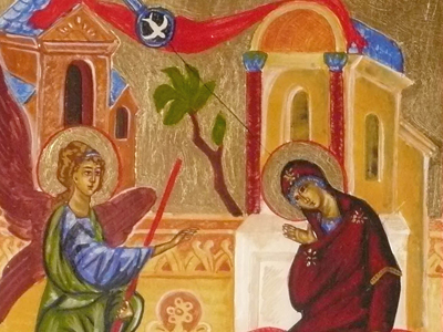 Annunciazione della Vergine (in greco: Ο Ευαγγελισμός της Θεοτόκου): Icona bizantina, tempera ad uovo su legno